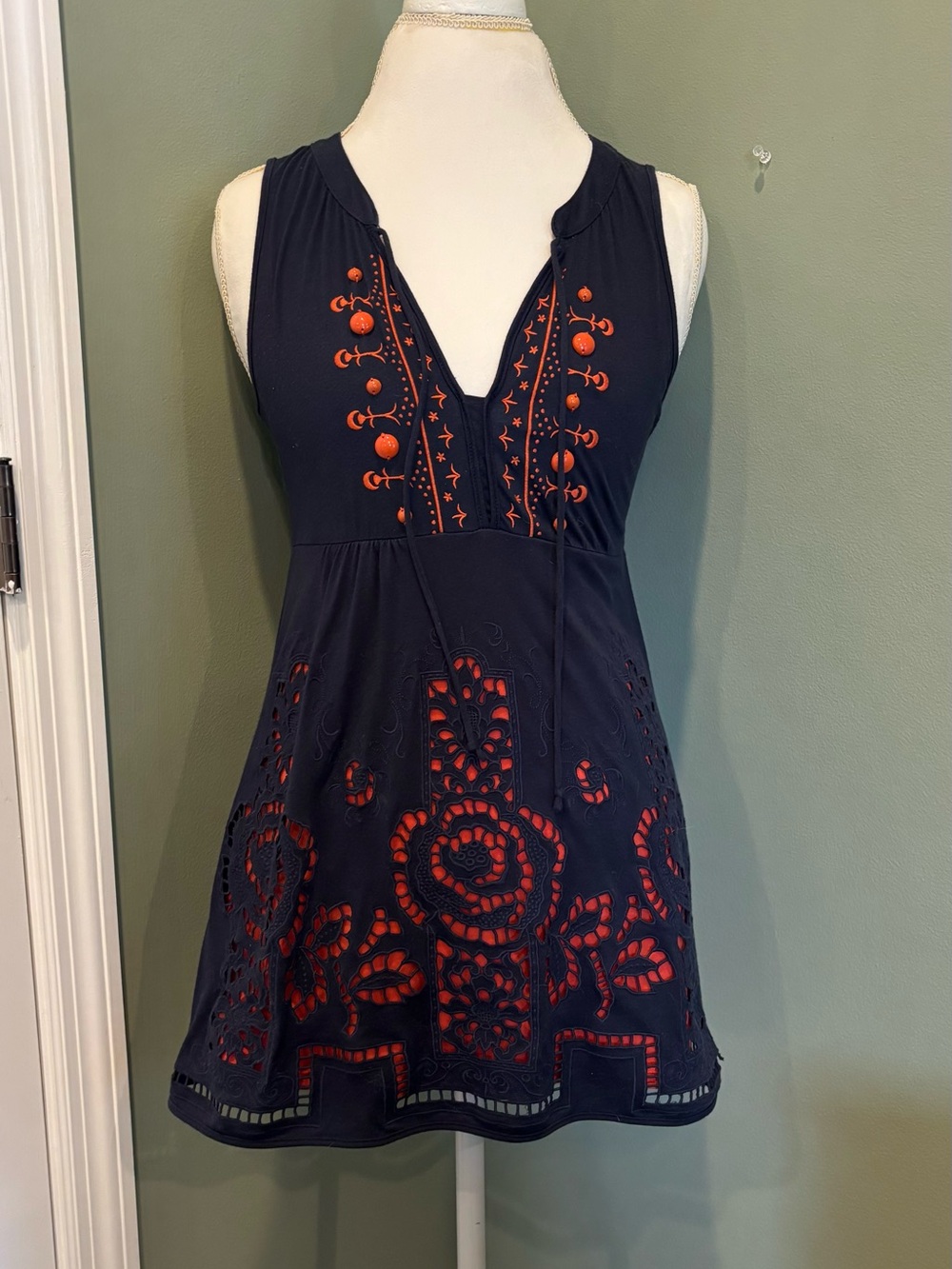 Anthropologie C Keer Navy Sleeveless Tunic with Red Cutwork Embroidery